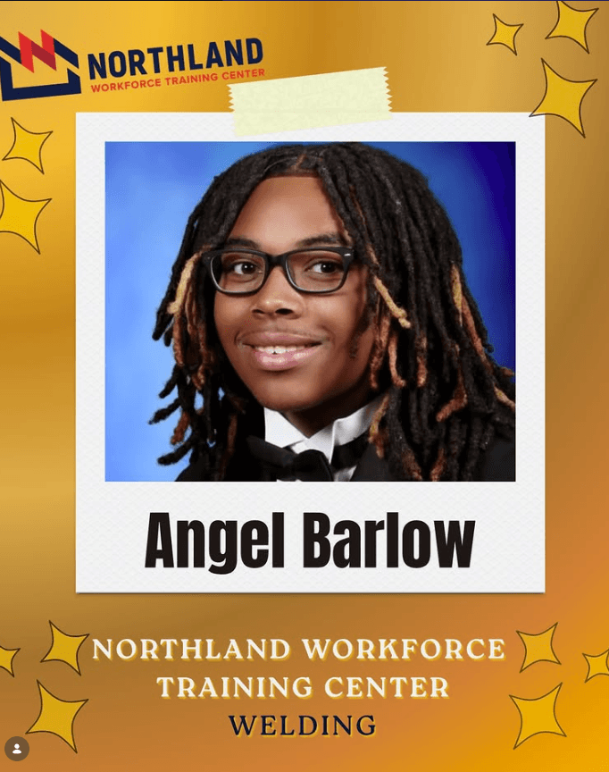 Portrait of Angel Barlow with shoulder-length dreadlocks and glasses, wearing a black suit and bow tie. Text reads Northland Workforce Training Center – Welding.