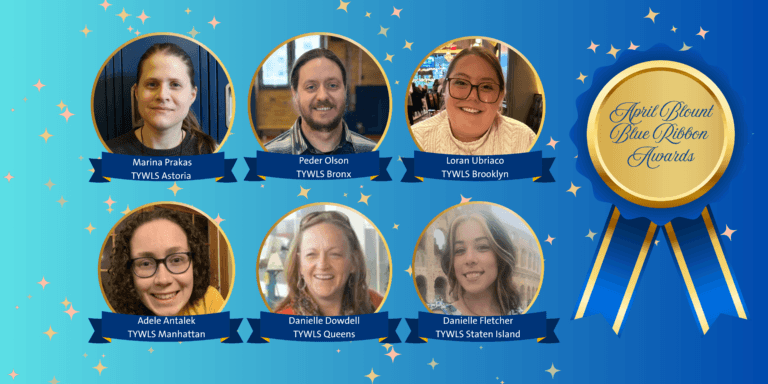 Blue Ribbon graphic with April Blount Blue Ribbon Awards in the center of the ribbon, plus six teachers' photos set inside individual frames on the right