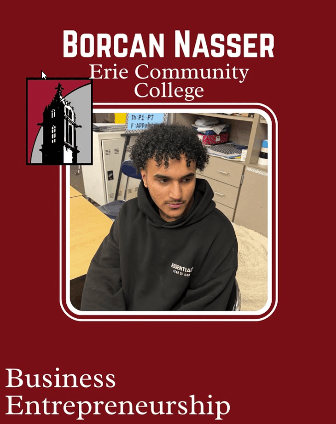 A young man with curly hair sits at a desk in an office space. Text reads: Borcan Nasser, Erie Community College, Business Entrepreneurship.