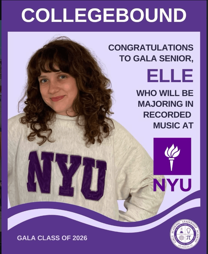 A student wearing an NYU sweatshirt stands in front of a sign announcing her college acceptance and major in recorded music at NYU.