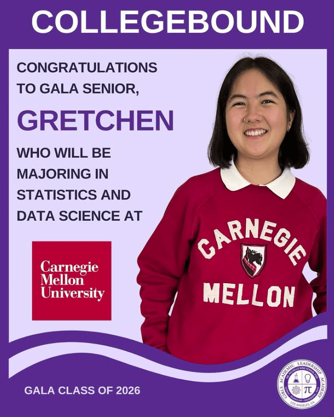 A student in a red Carnegie Mellon University sweater smiles; text announces she will major in statistics and data science at Carnegie Mellon, class of 2026.