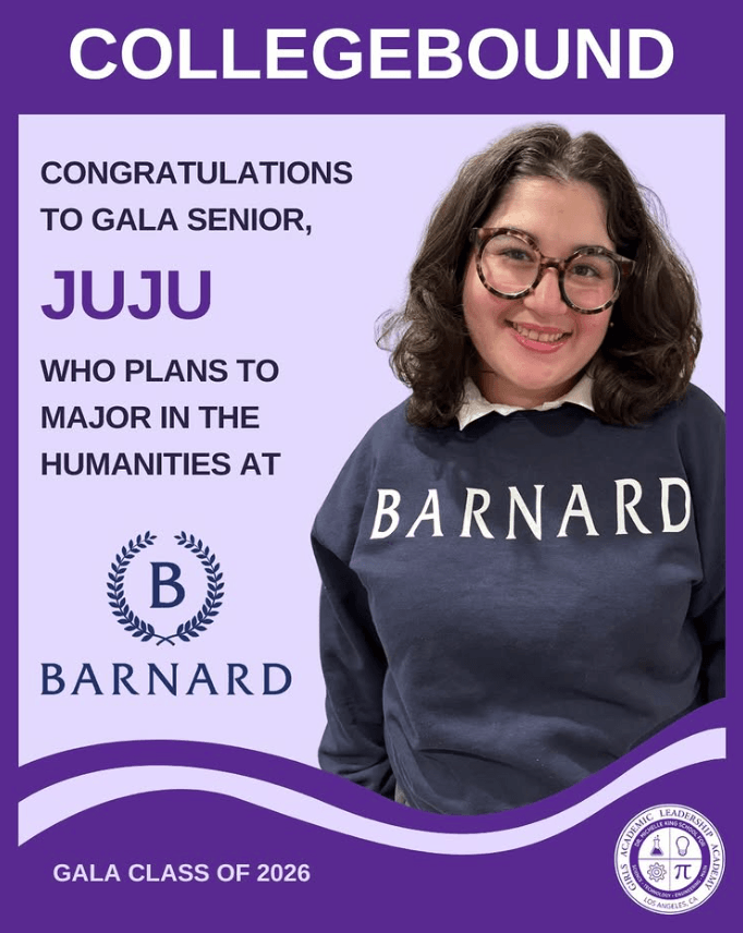 A student wearing glasses and a Barnard sweatshirt smiles next to text announcing her plans to major in the humanities at Barnard College.