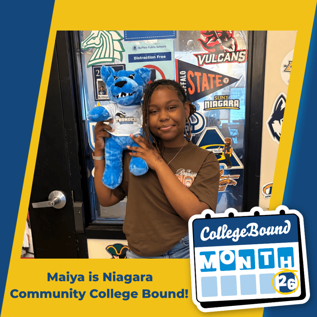 A student holds a blue Niagara Thunderwolves plush toy and stands in front of a wall with college logos. Text reads, Maiya is Niagara Community College Bound for collegebound month!.