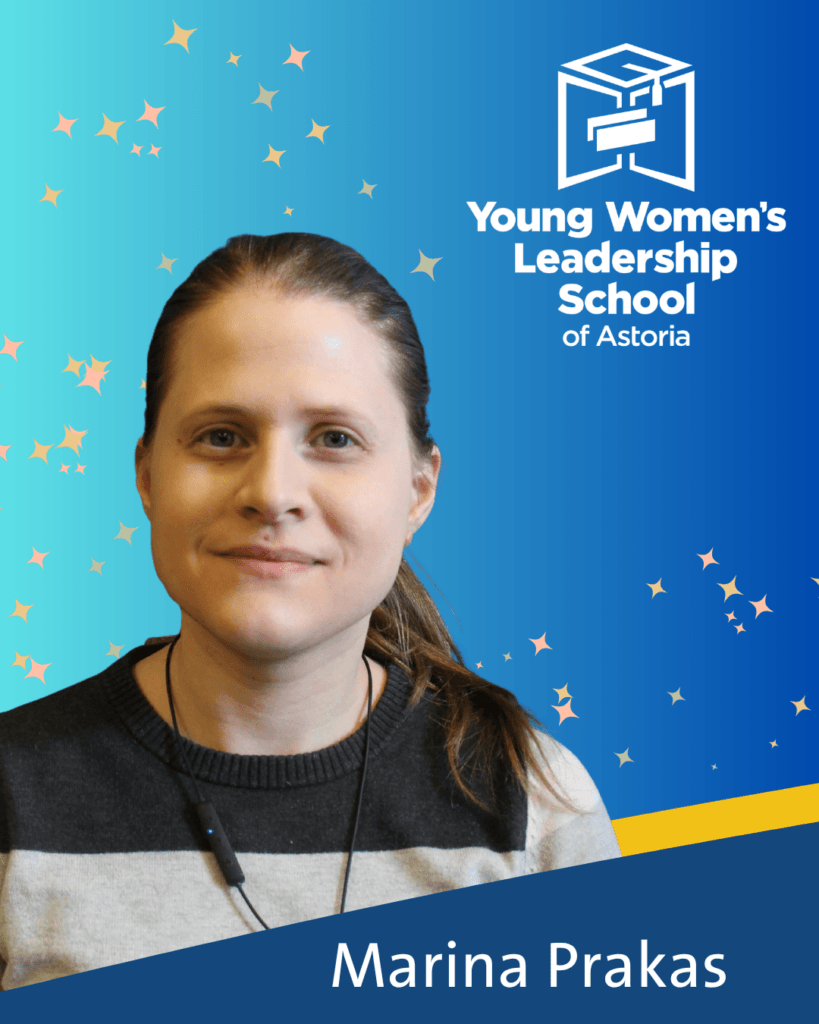 A woman with light skin and straight brown hair is smiling slightly in front of a Young Women’s Leadership School of Astoria background. Text at the bottom reads “Marina Prakas" for the network's April Blount Awards