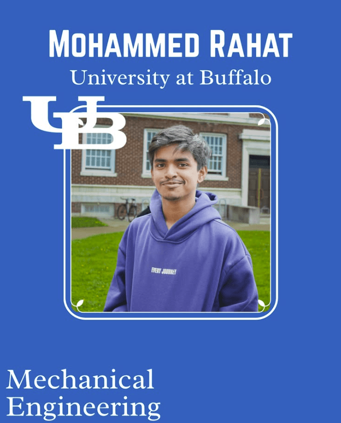 A young man in a purple hoodie stands outside a brick building. Text reads Mohammed Rahat, University at Buffalo, Mechanical Engineering with the UB logo.