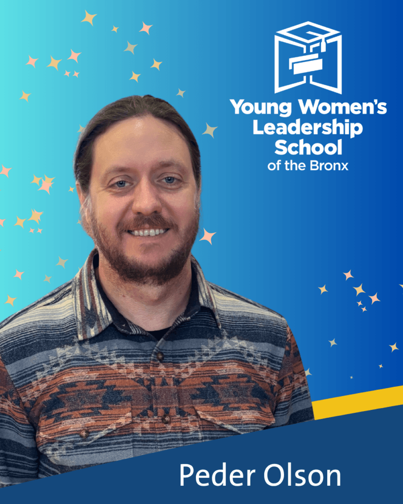 A man with long hair and a beard smiles in front of a blue background with the Young Women’s Leadership School of the Bronx logo and the name Peder Olson for the network's April Blount Awards
