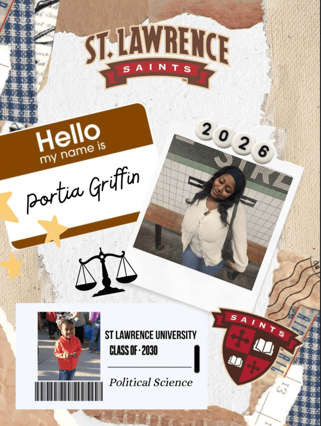 Collage featuring St. Lawrence Saints logos, a photo of a young woman labeled Portia Griffin 2026, a student ID for St. Lawrence University Class of 2030, and political science icons.