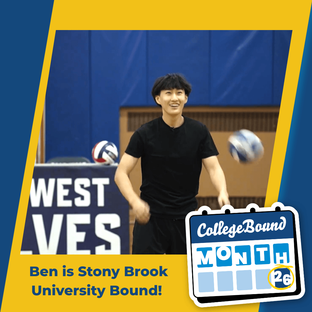 A student in a black shirt juggles volleyballs in a gym. Text reads: Ben is Stony Brook University Bound! and a graphic shows CollegeBound Month 26.