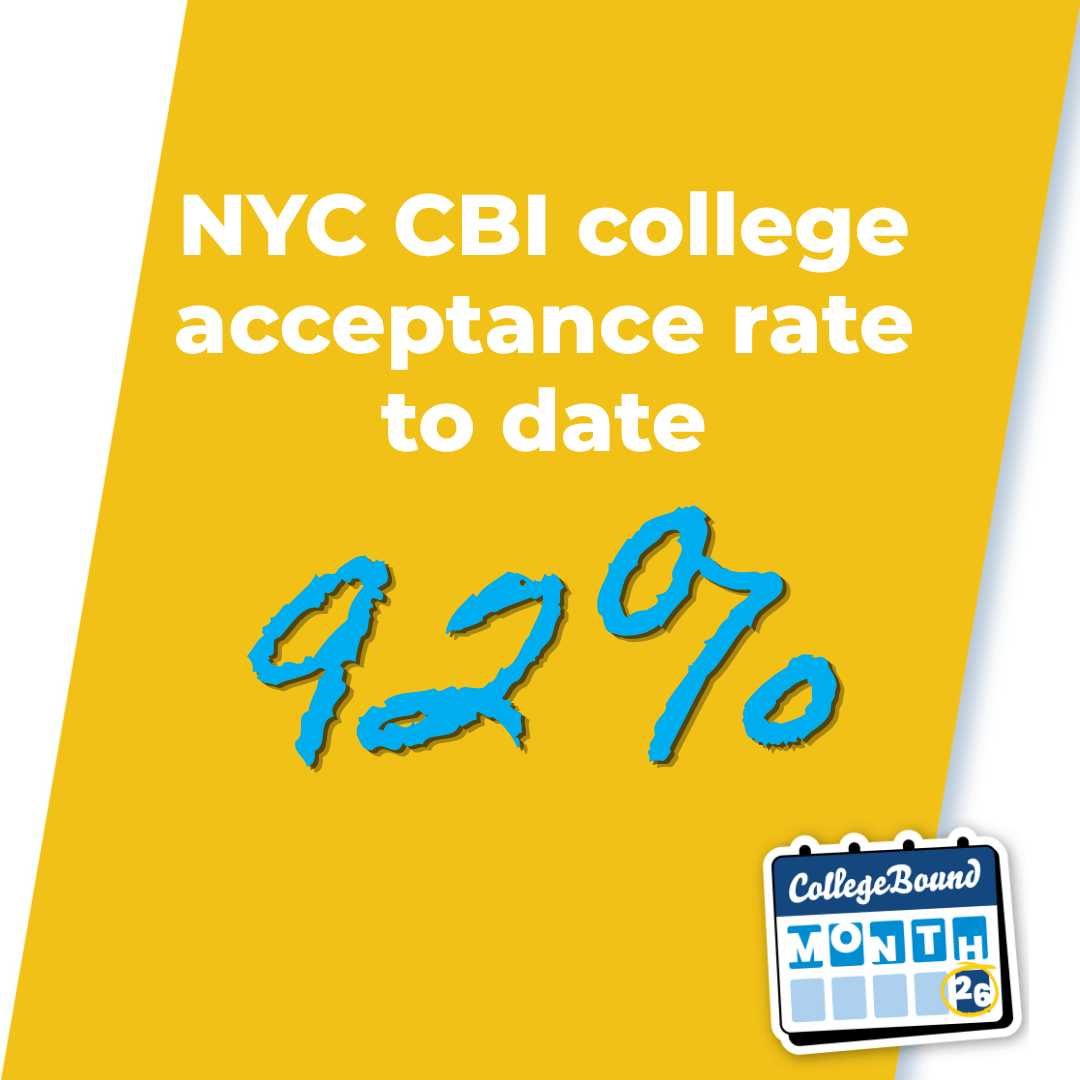A graphic with text stating, “NYC CBI college acceptance rate to date 92%,” and a collegebound month calendar icon displaying the number 26.