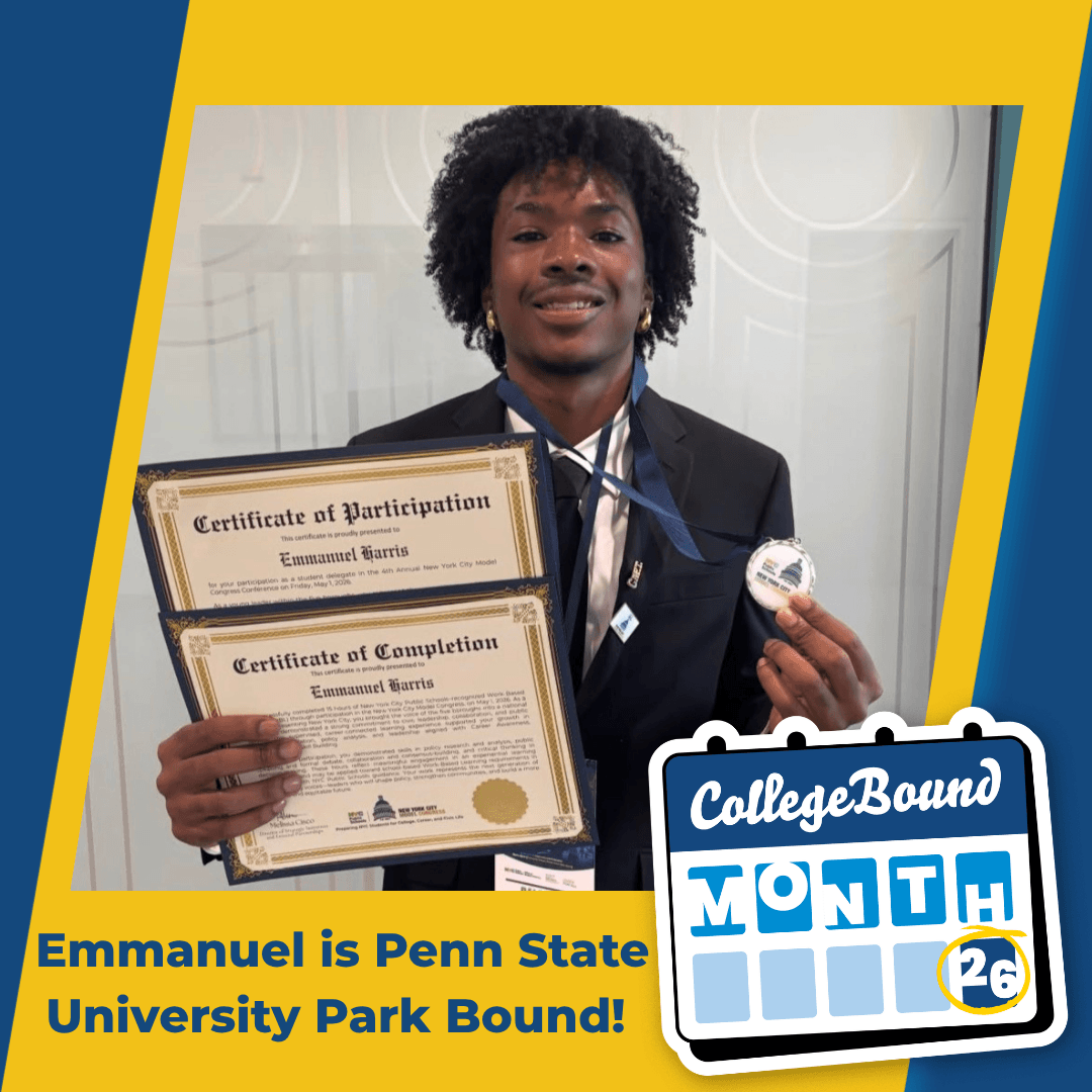 A young man in a suit holds two certificates and a medal, standing in front of a backdrop. Text reads: Emmanuel is Penn State University Park Bound! College Bound Month 26.