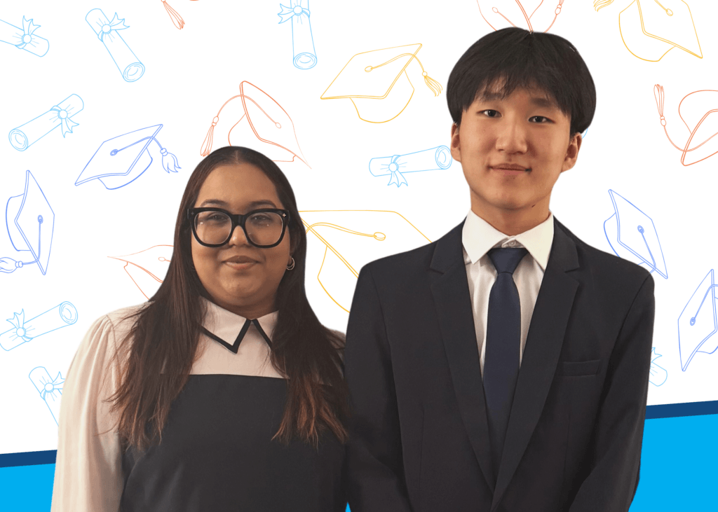 Two young people in formal attire pose in front of a backdrop with graduation caps and diplomas illustrated in blue, orange, and yellow.