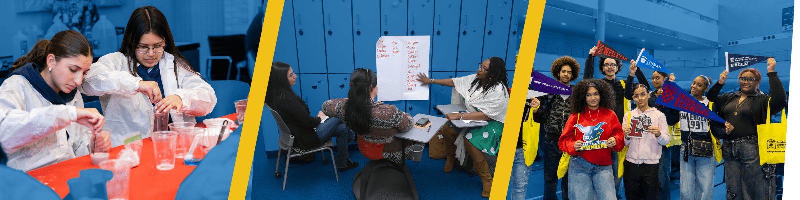 Three scenes from Student Leadership Network's Annual Report 2025: two students conducting a science experiment, teachers meeting by a whiteboard, and students holding college banners