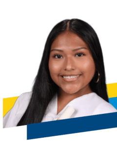Young woman in a white graduation gown holding a diploma, smiling at the camera, with a yellow and blue graphic in the background, featured on the 2025 Annual Report cover.