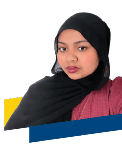 A woman wearing a black hijab and a maroon top looks at the camera, with yellow and blue geometric shapes in the lower background, evoking a fresh look for the 2025 Annual Report.