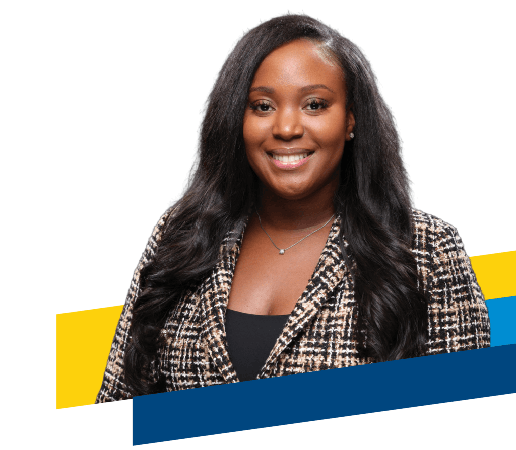 A woman with long dark hair wearing a plaid blazer and a necklace, smiling at the camera, with yellow and blue geometric shapes in the background for the 2025 Annual Report.