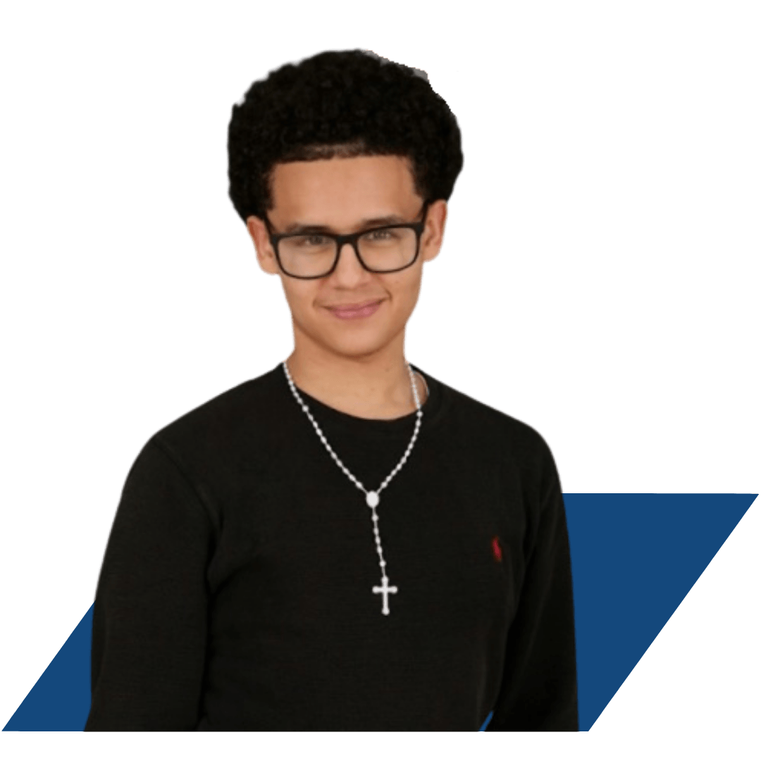 A young person with short curly hair and glasses, wearing a black sweater and a cross necklace, stands in front of a white background with a blue geometric shape, reminiscent of a Jeffrey Gural portrait style.