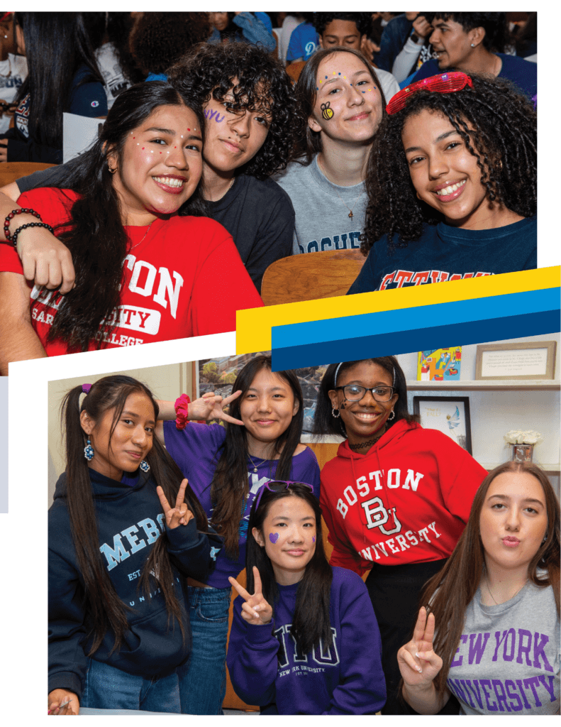 A group of students wearing college and university sweatshirts pose and smile for the camera, some making peace signs and with face stickers in a classroom setting, capturing a lively moment for the 2025 Annual Report.