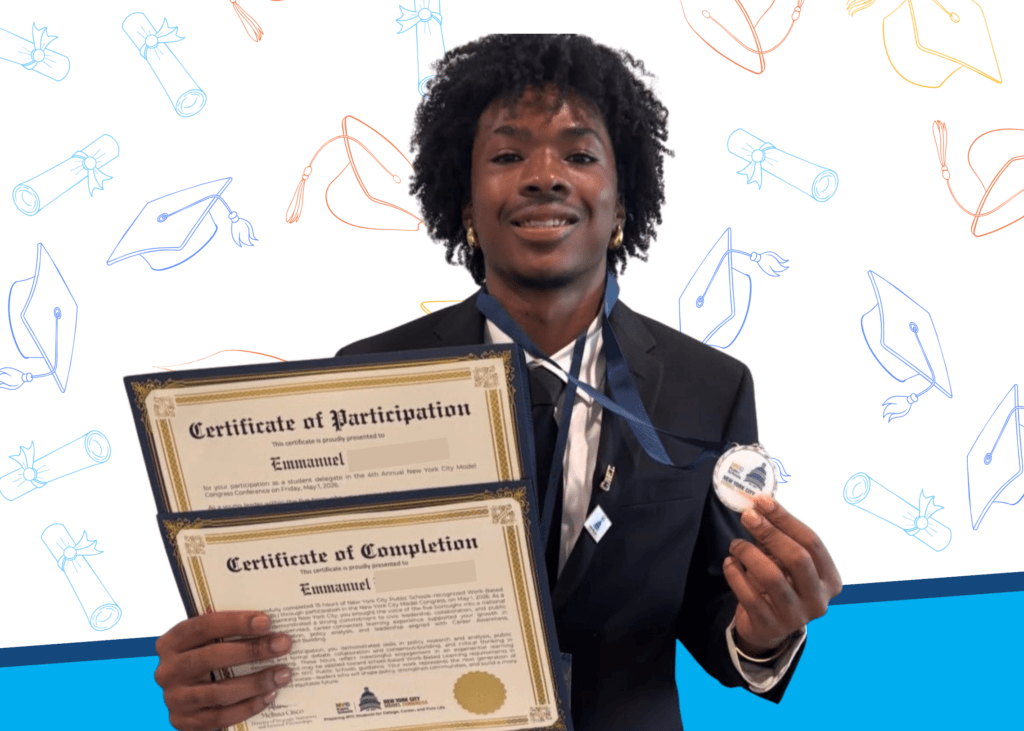 A student in a suit holds two certificates and a medal, standing in front of a backdrop with graduation-themed illustrations celebrating the Class of 2026.