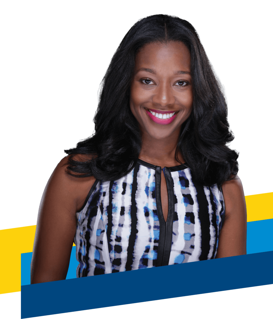 A woman with long black hair is smiling in a sleeveless patterned dress, standing before a white background with blue and yellow graphic elements, perfect for the 2025 Annual Report cover.