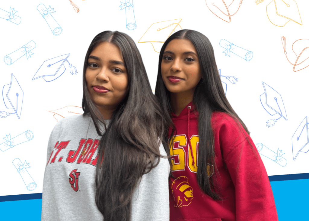 Two young women with long dark hair stand side by side wearing Class of 2026 college sweatshirts, one for St. John’s University and one for USC