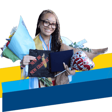 A young woman in graduation attire holds flowers, a diploma, and a balloon that reads I love you, smiling at the camera—capturing a proud moment perfect for the 2025 Annual Report.