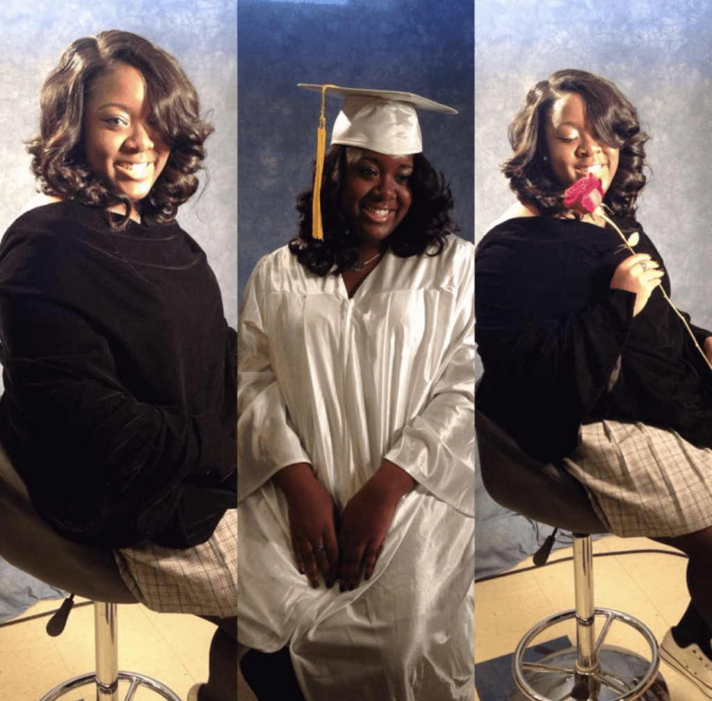 A woman sits for portraits in three poses: in casual attire, in a white graduation gown and cap, and holding a pink rose, all in front of a neutral backdrop—each image capturing the strength and spirit of those who are the mission voices behind the mission.
