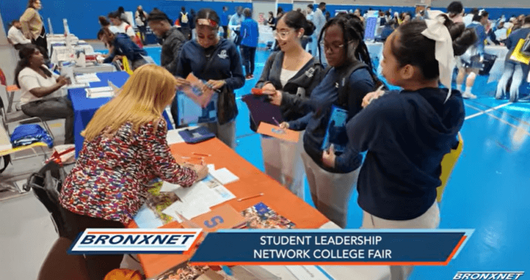 Students and staff at a Bronx College Fair, with a BronxNet graphic overlay at the bottom.